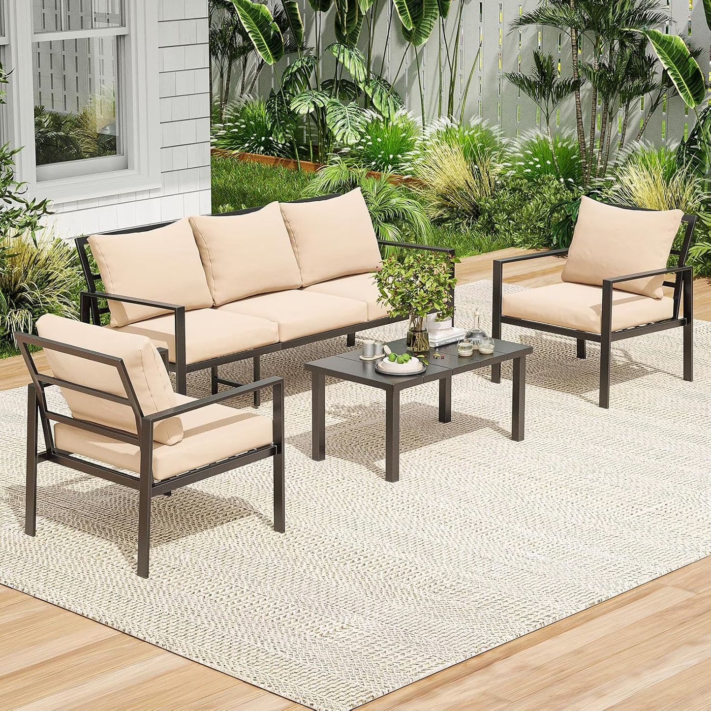 Farini Outdoor conversation sets, 4 Pieces Metal Patio Furniture Set with 2 Single Chairs, 3-Seat Sofas & Coffee Table, for Garden, Backyard, Balcony (Beige)