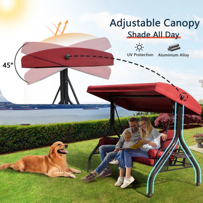 NOBLEMOOD 3-Seat Patio Porch Swing with Adjustable Canopy, Thickened Cushion & Foldable Tray, Red