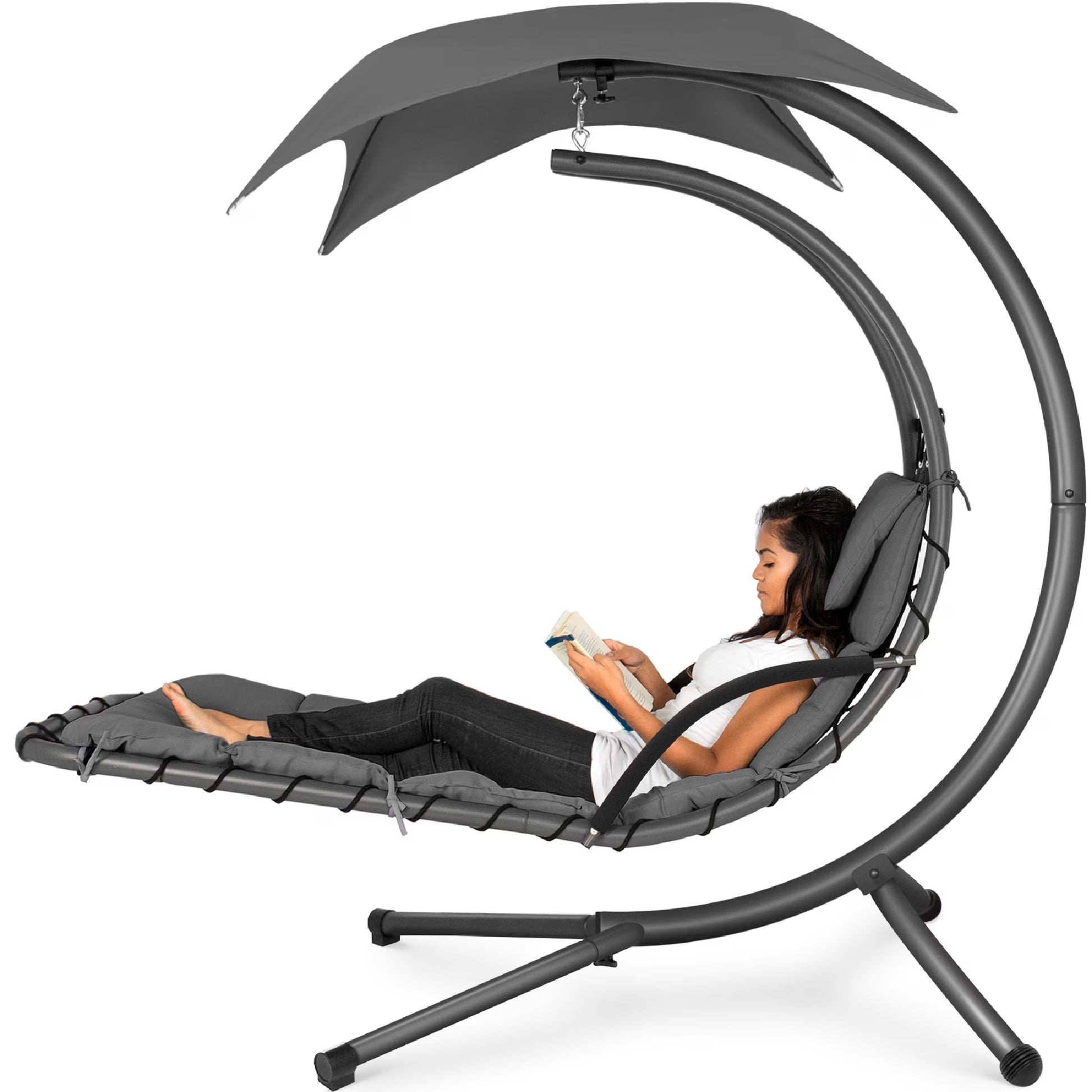 Best Choice Products Hanging Curved Chaise Lounge Chair Swing for Backyard, Patio w/Pillow, Shade, Stand - Teal
