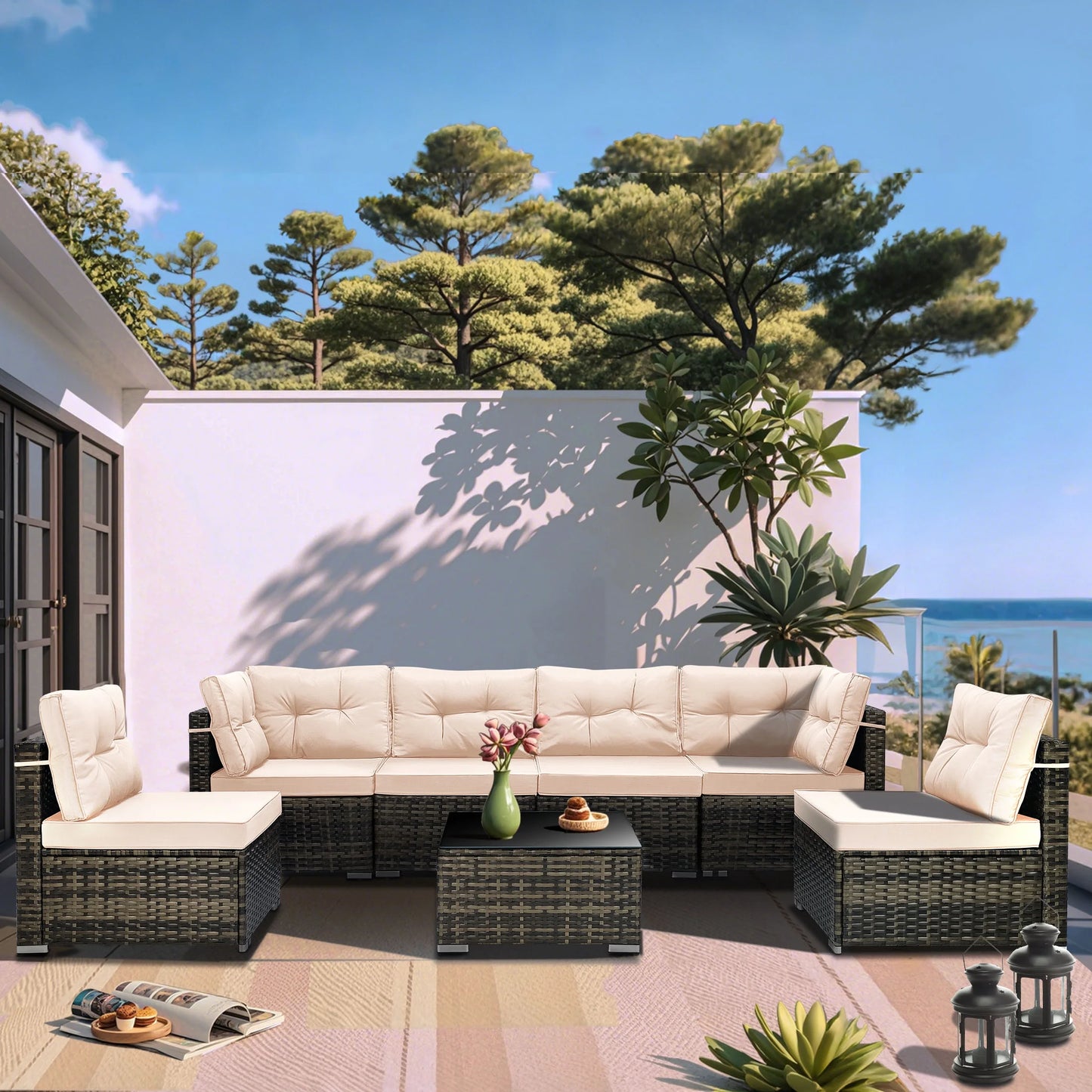 7 Piece Rattan Sectional Sofa Set, Outdoor Conversation Set, All-Weather Wicker Sectional Seating Group with Cushions & Coffee Table, Morden Furniture Couch Set for Patio Deck Garden Pool