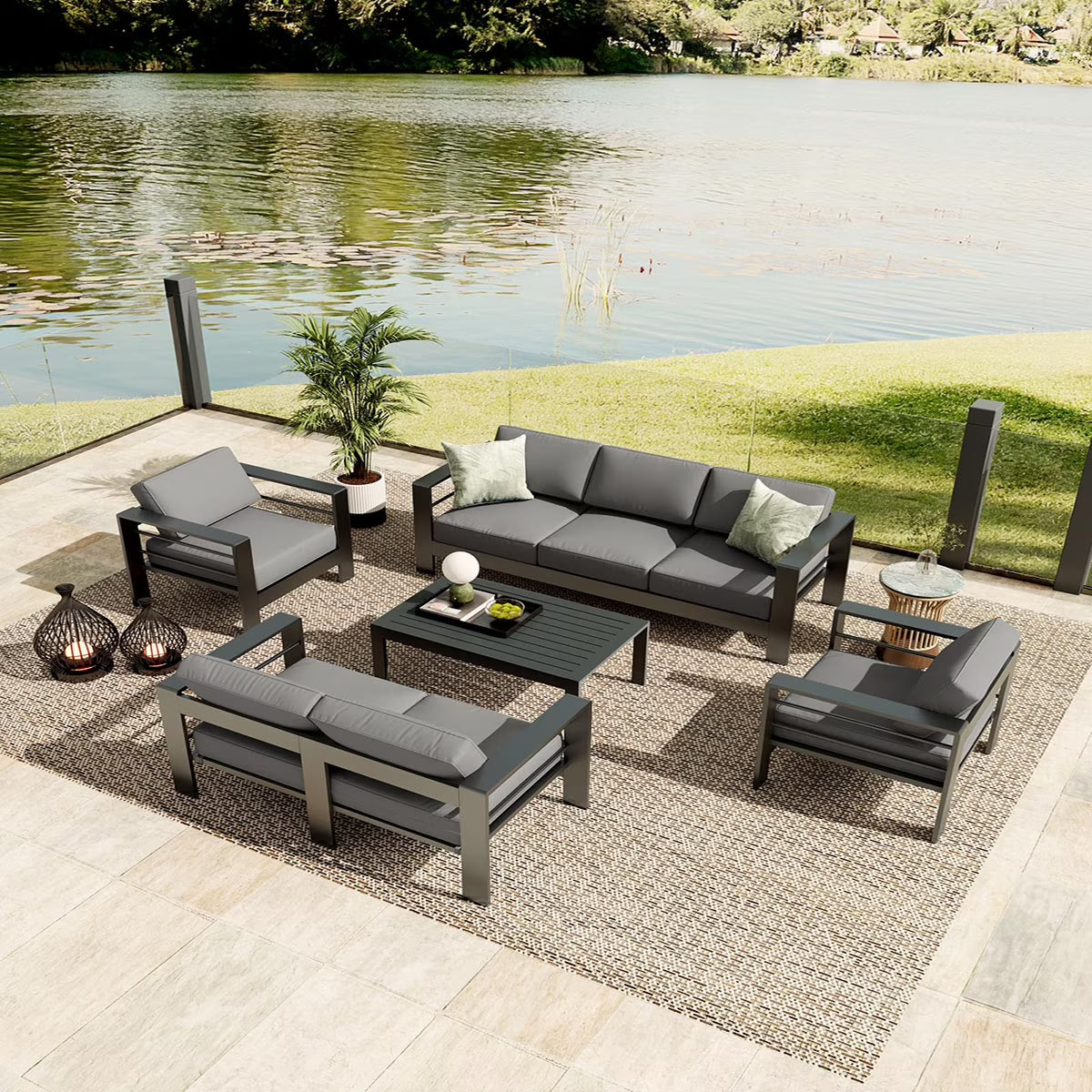 Ataucjin 5 Pieces Aluminum Patio Furniture Set, Outdoor Sectional Conversation Set Sectional Sofa with 4" Armrest & 5" Thick Cushions & Coffee Tableship in 4 boxes