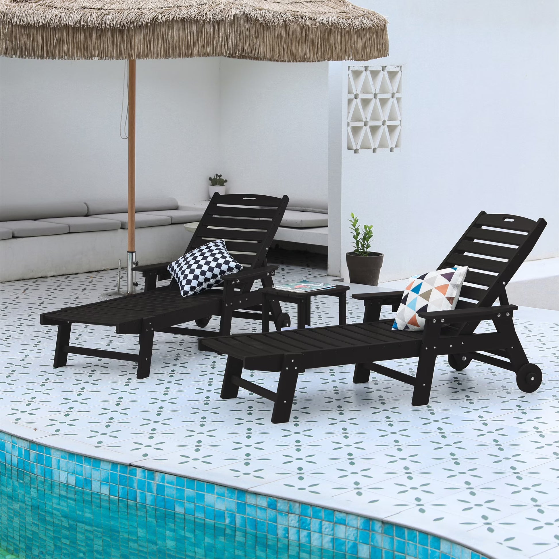 Aukfa 3 Pcs Outdoor Patio Chaise Lounge w/Coffee Table& Cup Holder, Adjustable Backrest, HDPE, Black