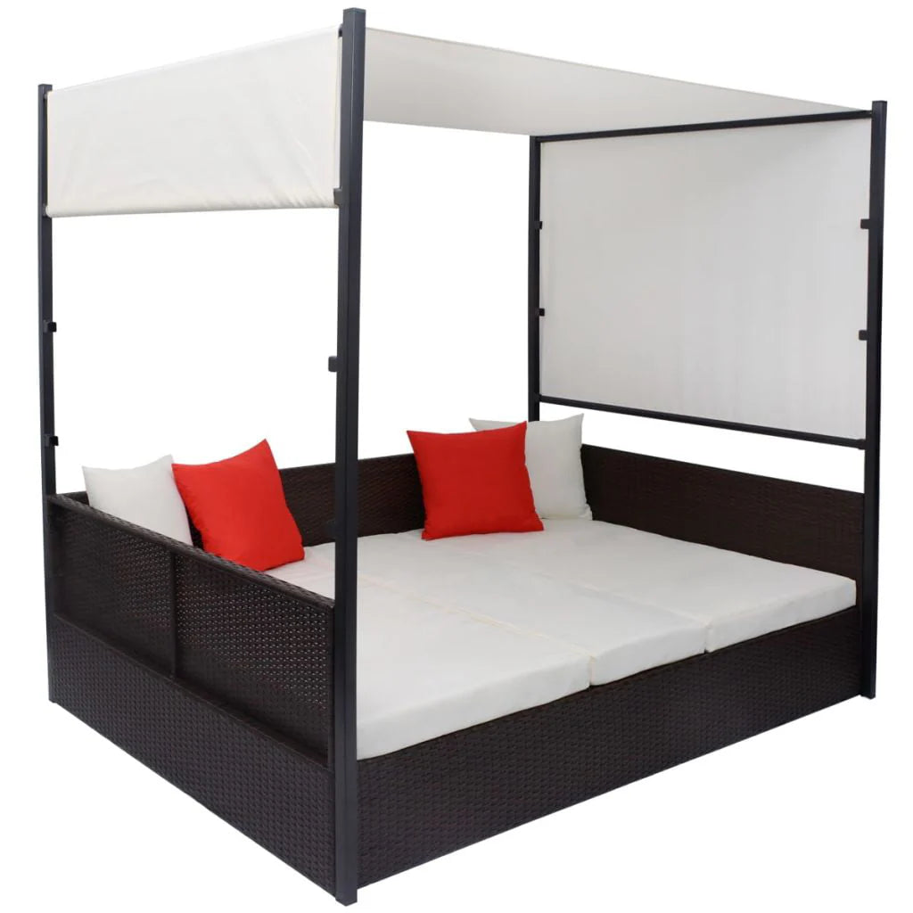 vidaXL Patio Bed Outdoor Patio Double Chaise Lounge with Canopy Poly Rattan
