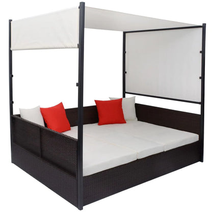 vidaXL Patio Bed Outdoor Patio Double Chaise Lounge with Canopy Poly Rattan