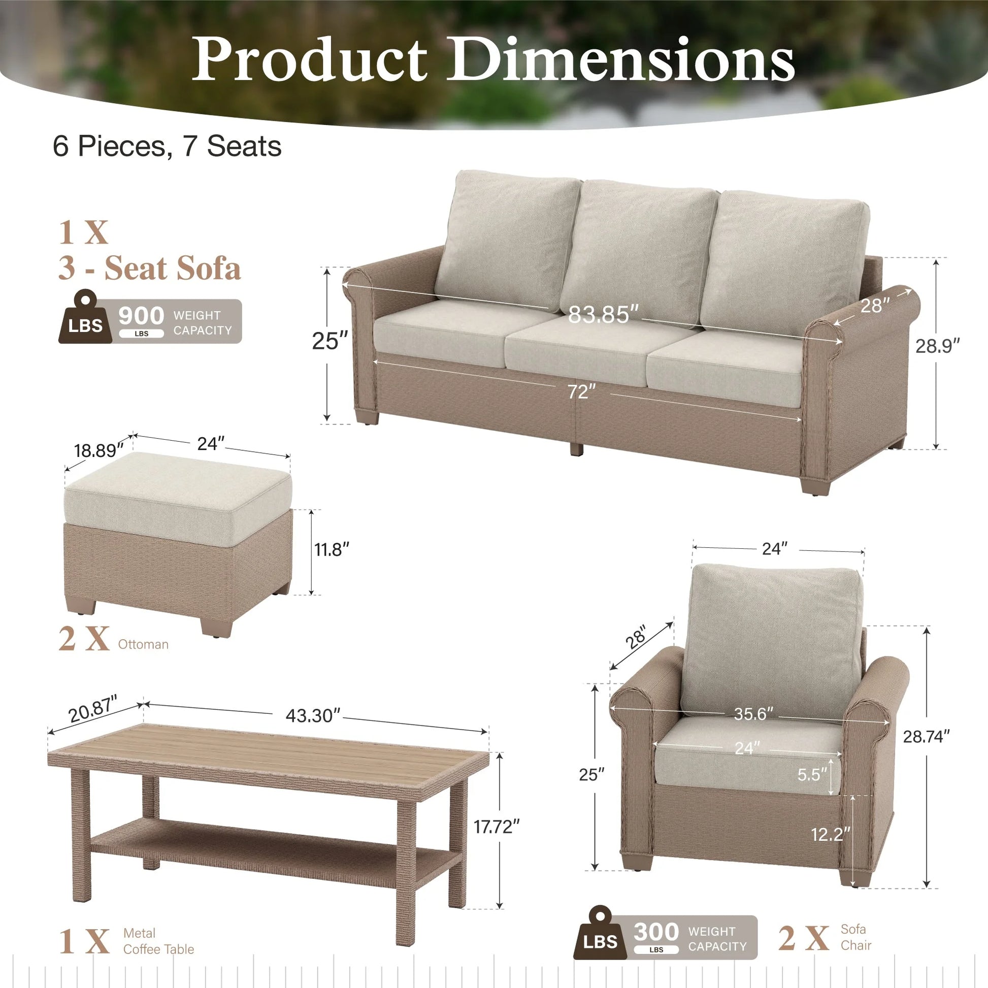 Sophia & William 6 Pieces Wicker Patio Furniture Set 7-Seat Outdoor Cushioned Conversation Set with Coffe Table, Beige