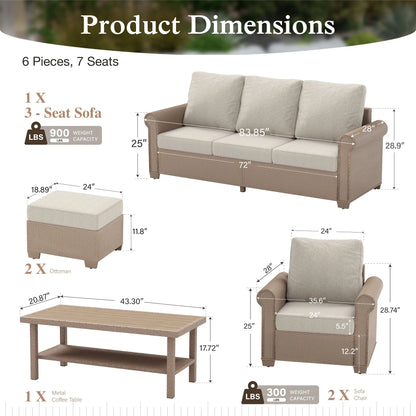 Sophia & William 6 Pieces Wicker Patio Furniture Set 7-Seat Outdoor Cushioned Conversation Set with Coffe Table, Beige