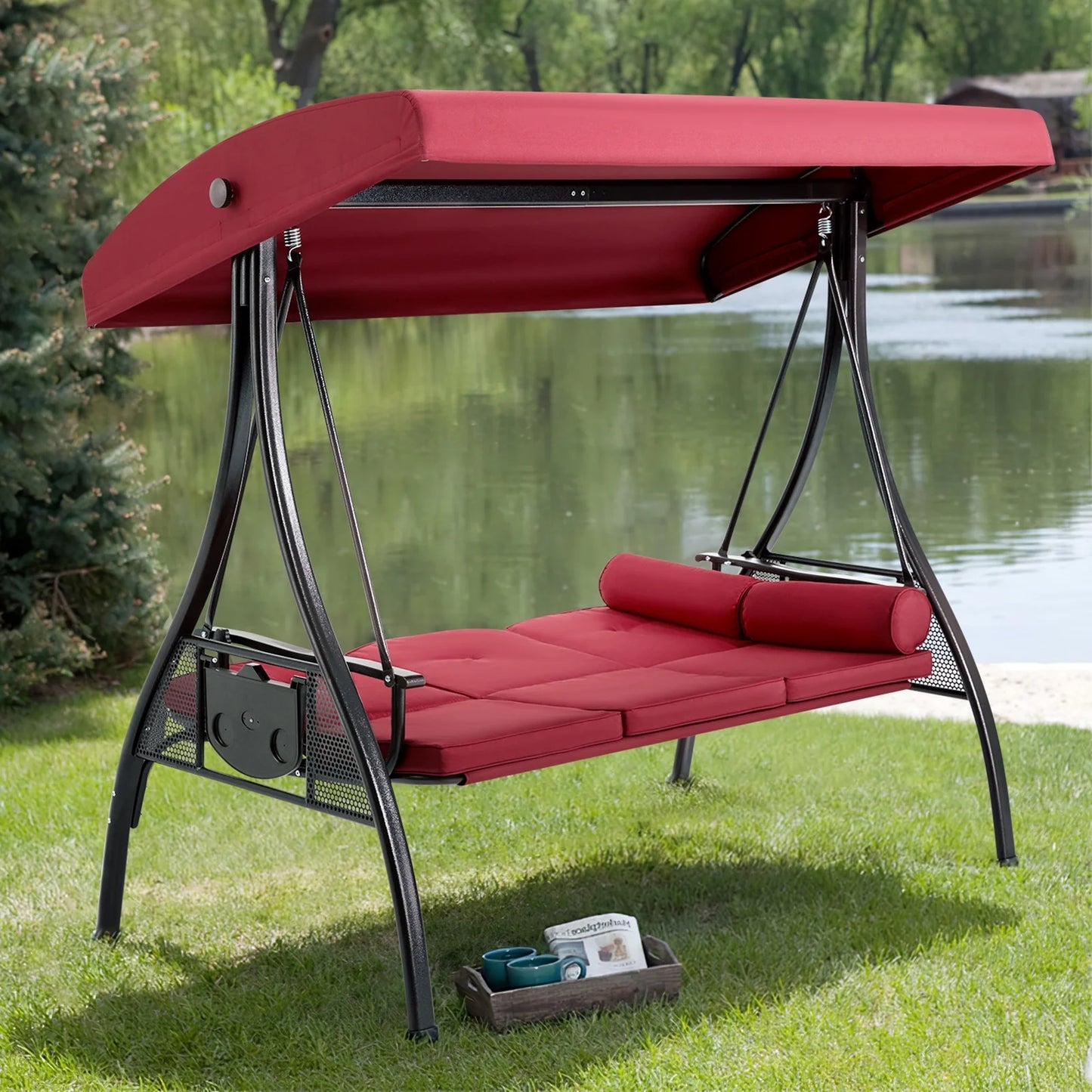 Homrest 3 Person Patio Outdoor Porch Swing with Adjustable Canopy, Backrest, Swing Bed with Stand for Garden,Deck