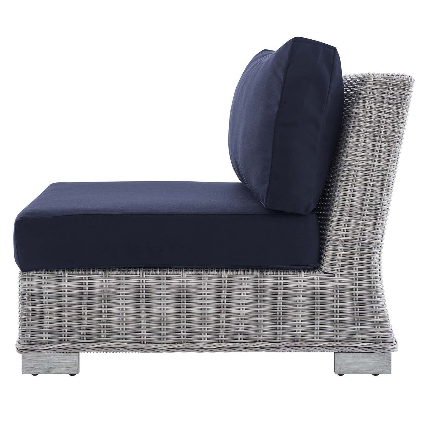 Lounge Sectional Sofa Chair Table Set, Rattan, Wicker, Light Grey Gray Blue Navy, Modern Contemporary Urban Design, Outdoor Patio Balcony Cafe Bistro Garden Furniture Hotel Hospitality