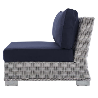 Lounge Sectional Sofa Chair Table Set, Rattan, Wicker, Light Grey Gray Blue Navy, Modern Contemporary Urban Design, Outdoor Patio Balcony Cafe Bistro Garden Furniture Hotel Hospitality