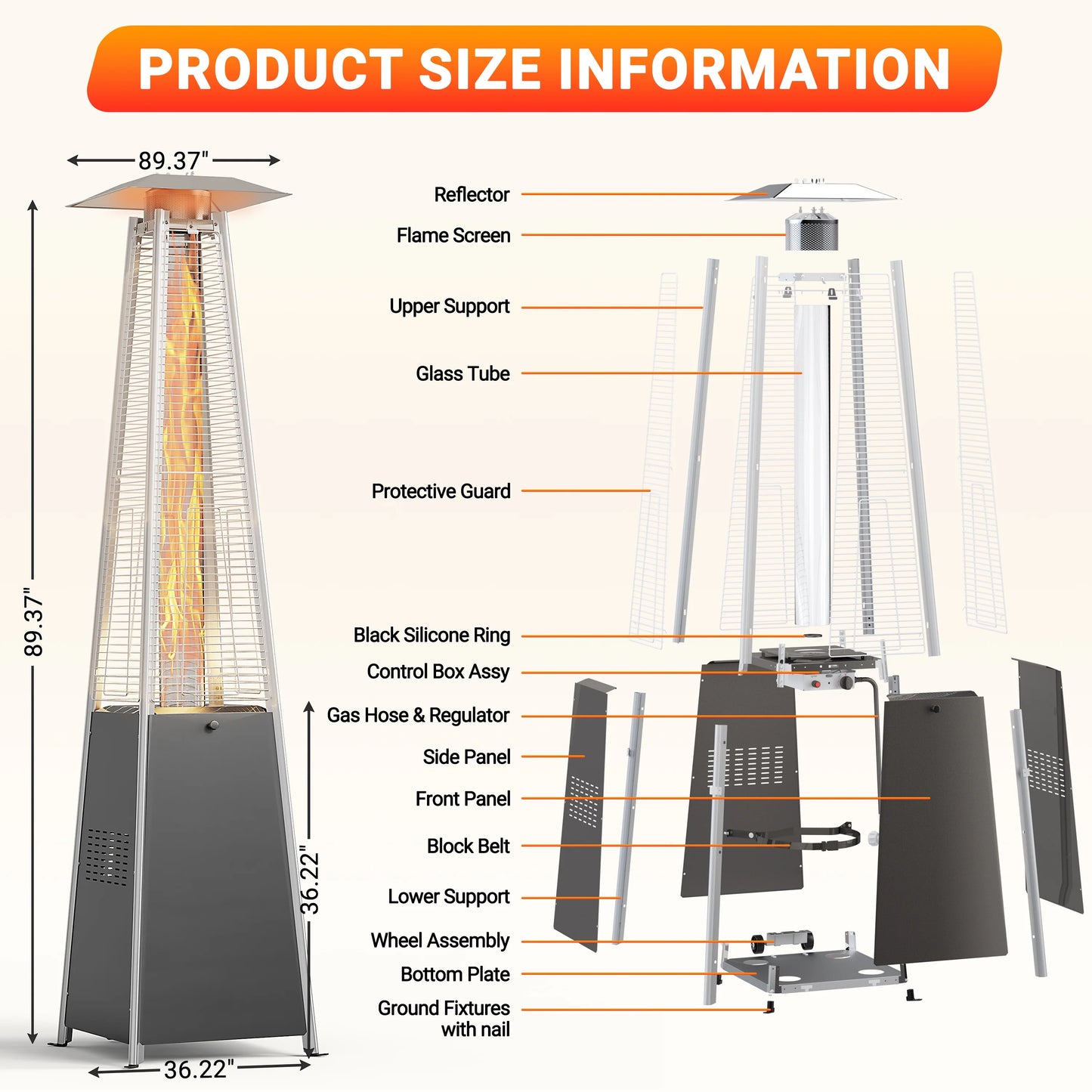 Segmart 48,000 BTU Pyramid Patio Heater, Tall Standing Outdoor Propane Heater with Wheels & Tip-Over Safety Protection, Visible Flame Glass Tube for Backyard, Garden, Commercial Use - Gray