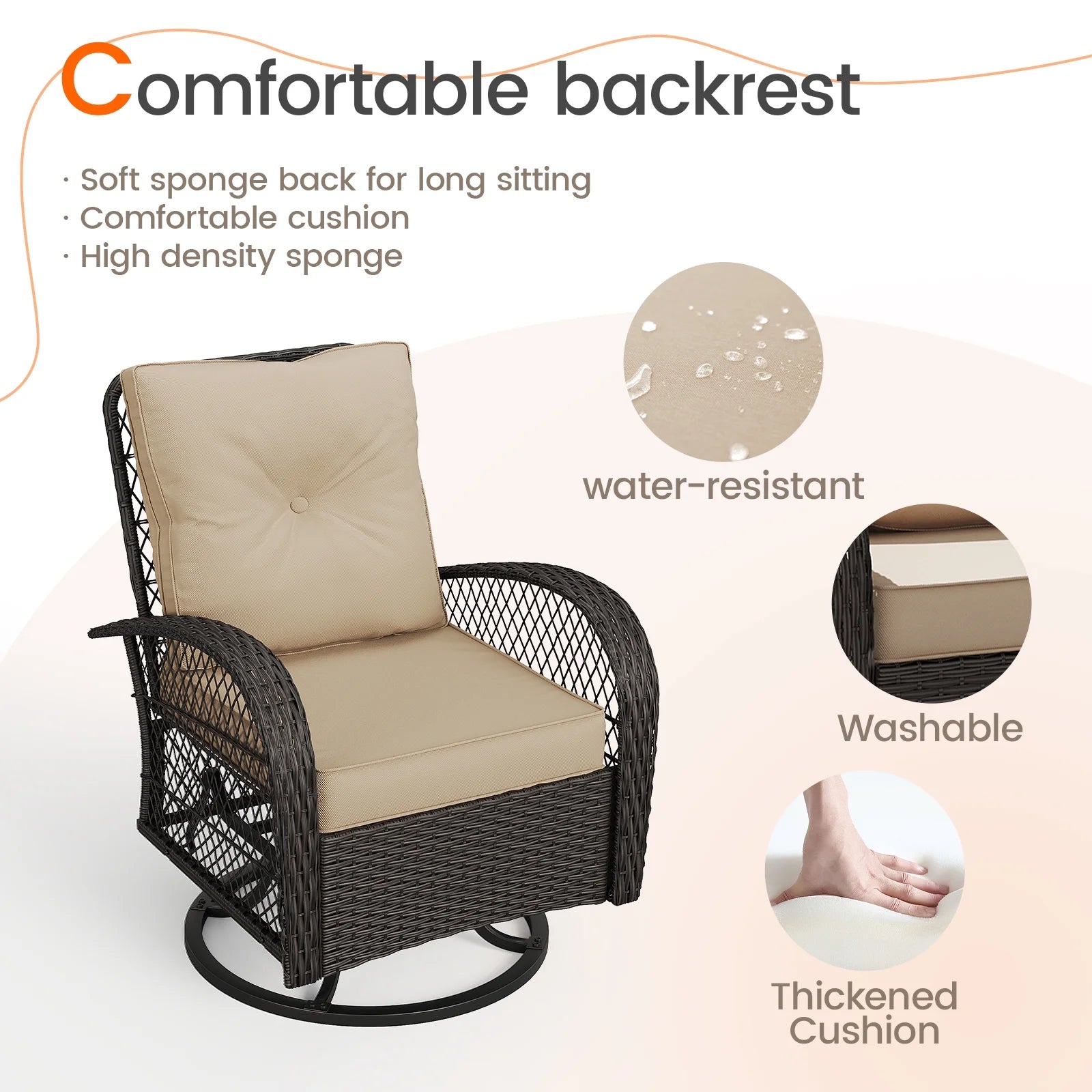 MRUAKA 3 Pieces Patio Furniture Set, Outdoor Swivel Gliders Rocker, Wicker Patio Bistro Set with Rattan Rocking Chair, Glass Top Side Table and Thickened Cushions (Khaki)