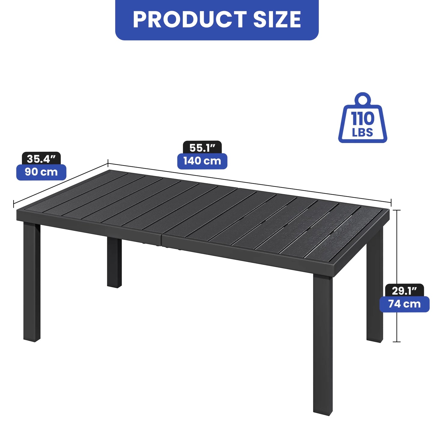 ModFusion 6-Person Aluminum Patio Dining Table with Composite Wood Slat Top, Weather-Resistant Outdoor Table for Garden, Porch & Backyard Black