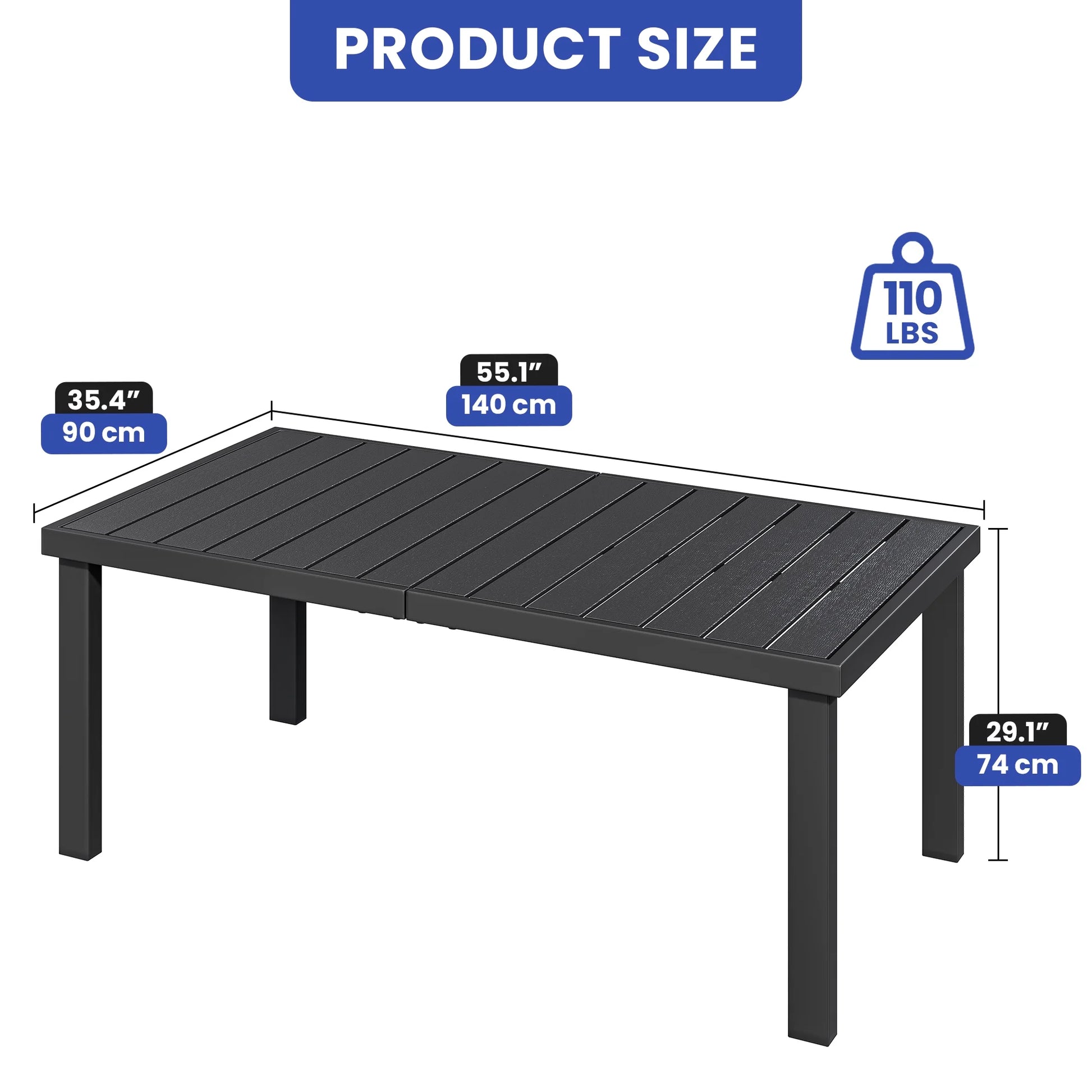 ModFusion 6-Person Aluminum Patio Dining Table with Composite Wood Slat Top, Weather-Resistant Outdoor Table for Garden, Porch & Backyard Black