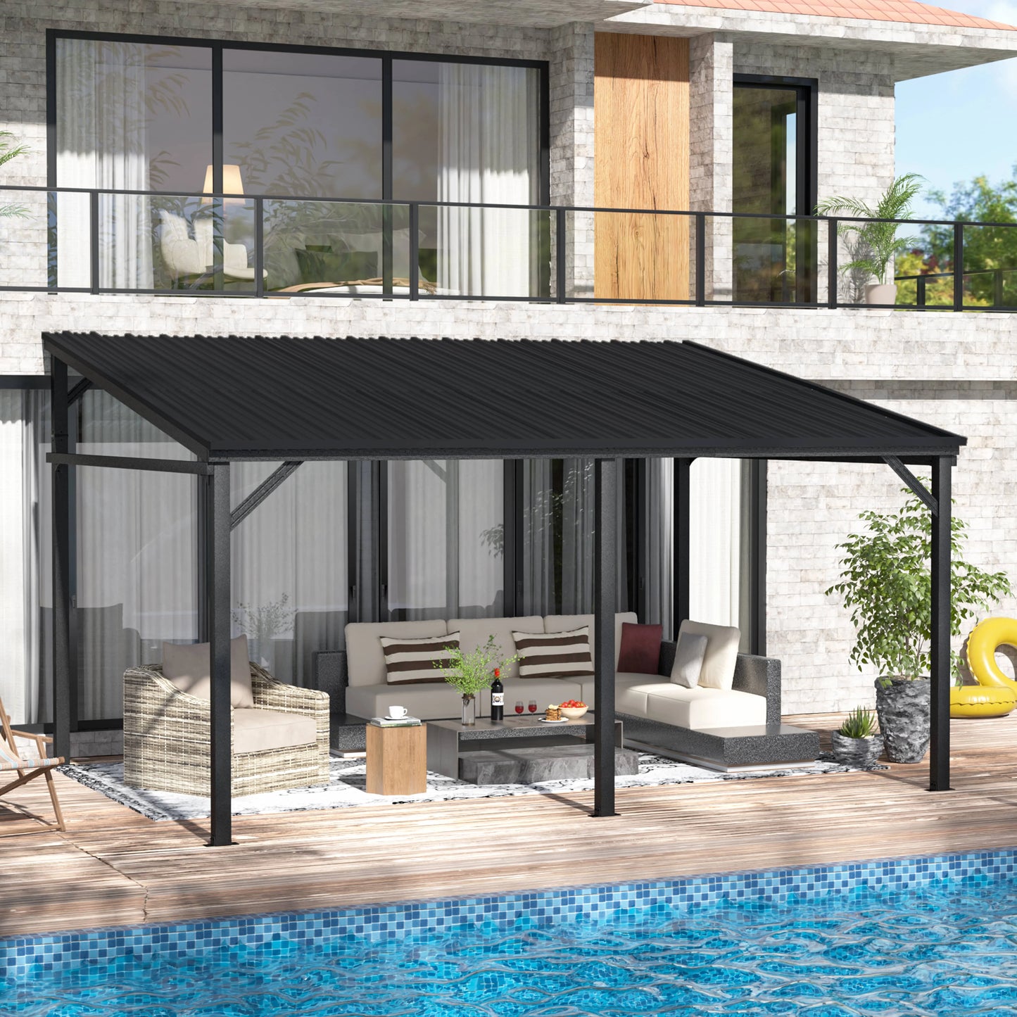 VEIKOUS 14' x 10' Outdoor Hardtop Gazebo, Patio Lean-to Pergola W/Heavy Duty Galvanized Metal Roof, Black