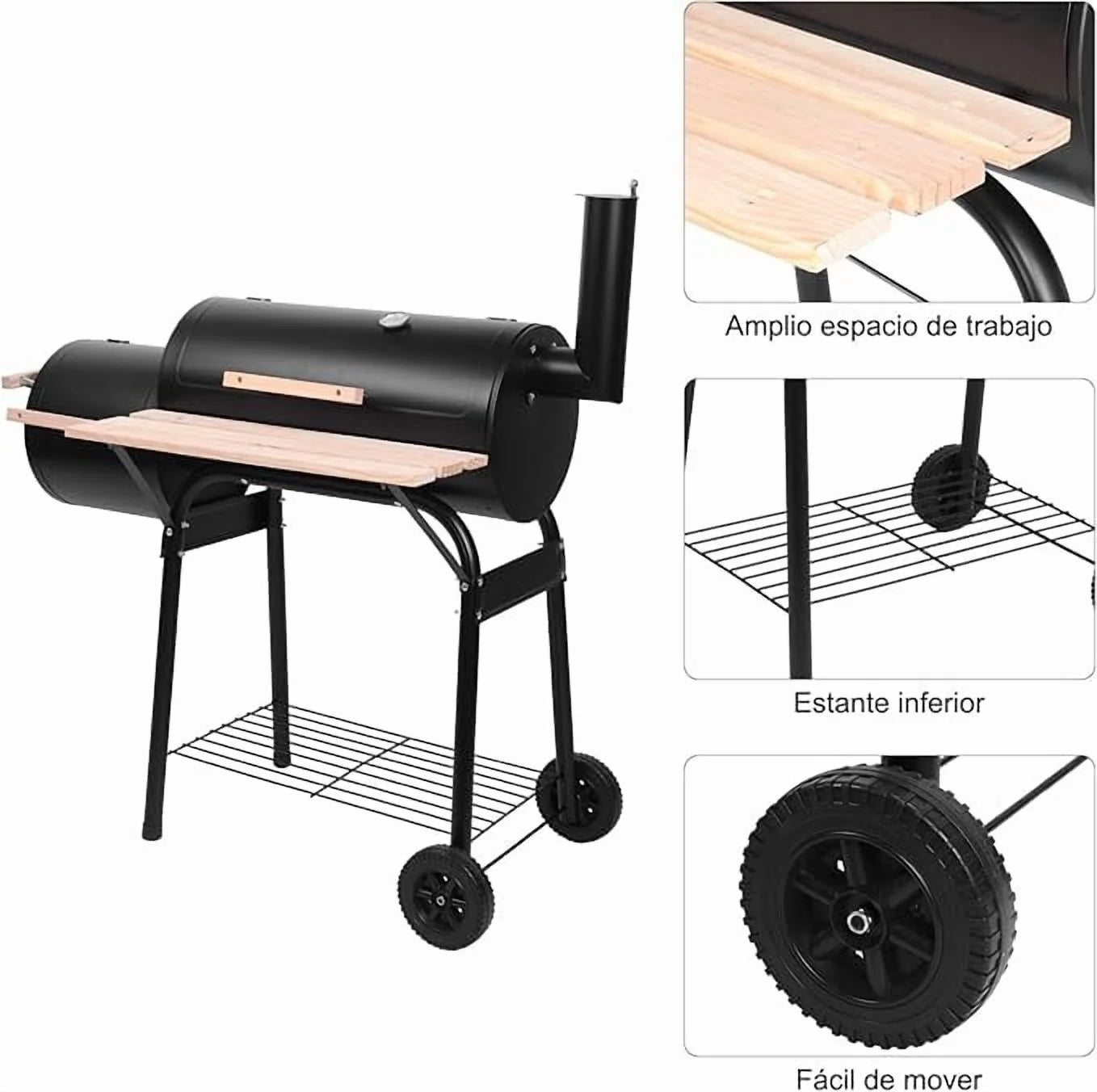 Oil Drum Charcoal Furnace Grill & High-Temperature Offset Smoker - Camping BBQ with Side Fire Box, Wheels, Thermometer & Chimney - Portable Outdoor Barbecue for Backyard, Patio, Picnics & Tailgating