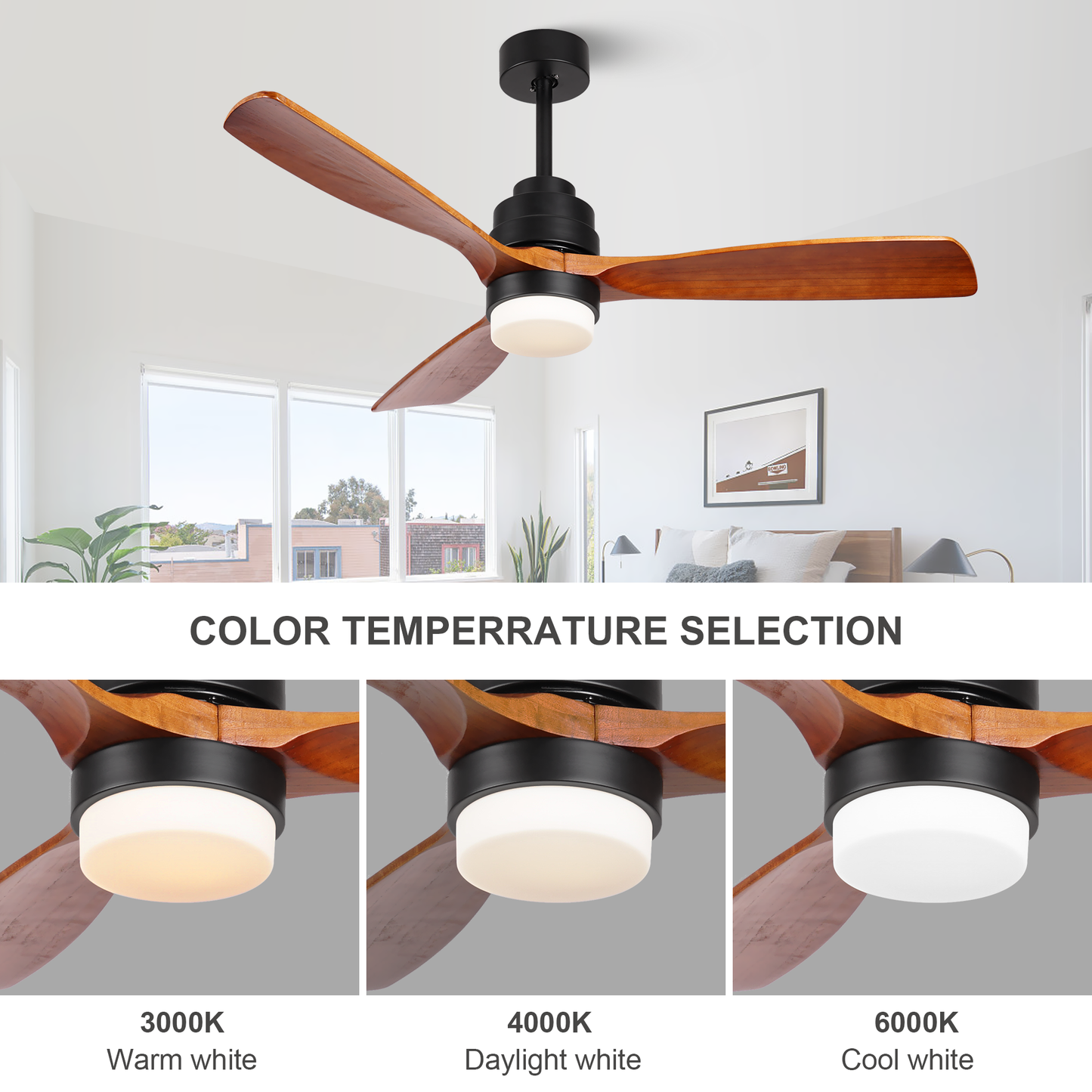 SITERGOFAN 52inch Ceiling Fan with Light,3 Blades Wood Modern Ceiling Fans with Remote Control for Outdoor/Indoor,Kitchen,BedRoom,Dining Room,Patio