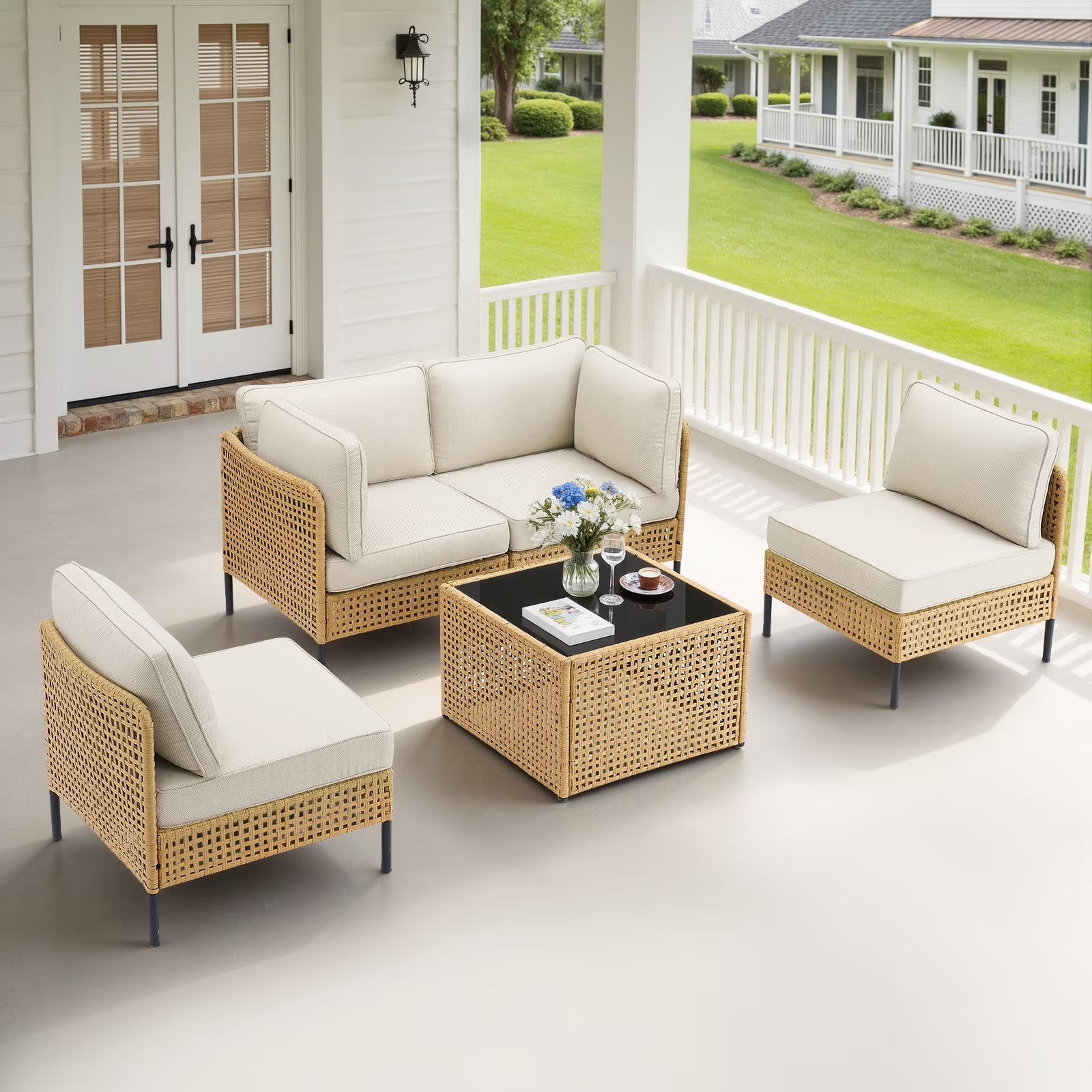Swpormundo 6 Piece Wicker Patio Furniture Set,Outdoor Conversation Sectional Sofa w/Coffee Table,All-Weather Outdoor Sofa with Thick Cushions for Deck,Poolside,Garden,Beige