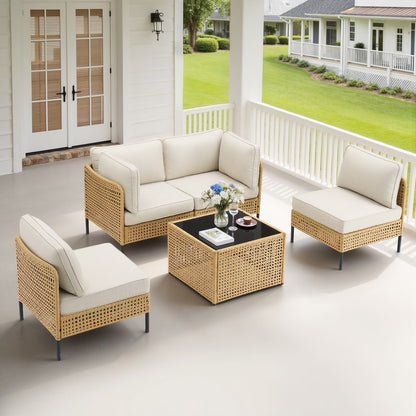 Swpormundo 6 Piece Wicker Patio Furniture Set,Outdoor Conversation Sectional Sofa w/Coffee Table,All-Weather Outdoor Sofa with Thick Cushions for Deck,Poolside,Garden,Beige