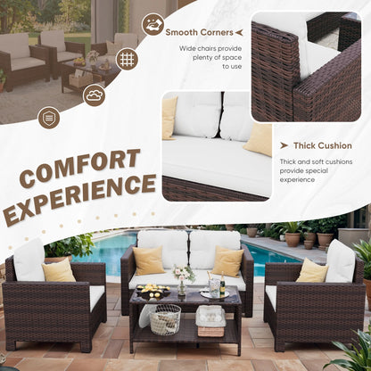Lacoo 4 Pieces Patio Furniture Sets Rattan Chair Wicker Conversation Sofa Set Outdoor Tble and Chairs for Backyard Porch Garden Poolside Balcony, White