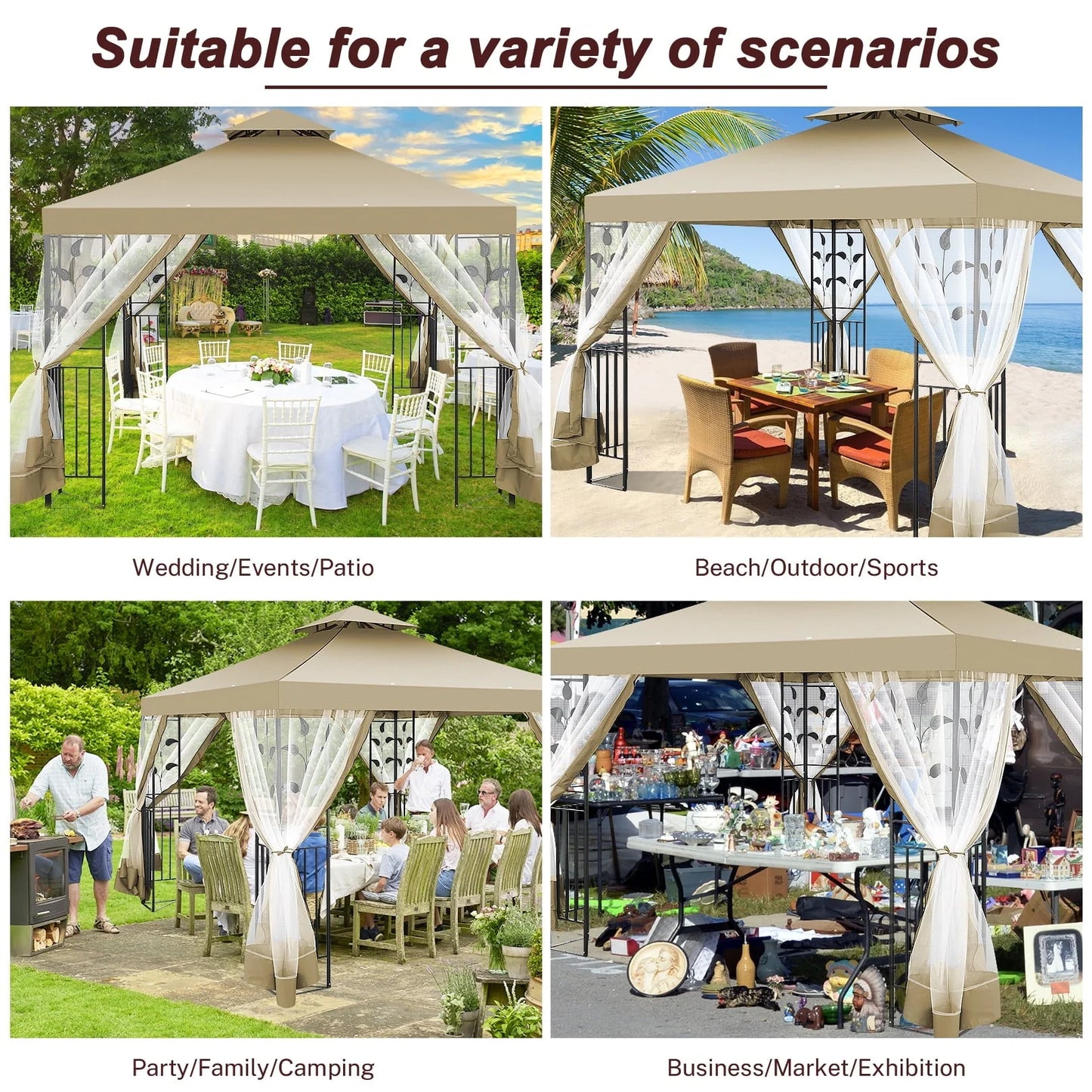 SANOPY 10'x 10' Metal Patio Gazebo, Outdoor Gazebo Canopy Tent for Backyard with Mesh Privacy Curtains, Gazebos Shelter with Display Shelves, Steel Frame, Patio Covers for Shade and Rain