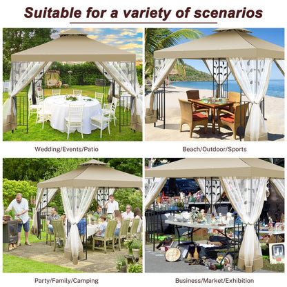 SANOPY 10'x 10' Metal Patio Gazebo, Outdoor Gazebo Canopy Tent for Backyard with Mesh Privacy Curtains, Gazebos Shelter with Display Shelves, Steel Frame, Patio Covers for Shade and Rain
