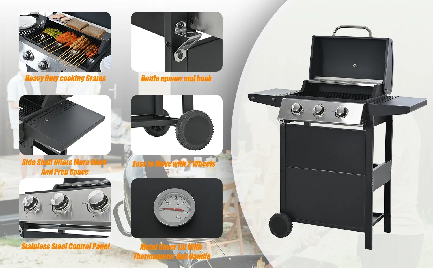 MEWANG 3-Burner Propane Gas Grill, 26000 BTU Stainless BBQ for Patio Garden | Outdoor Grill with Foldable Shelves