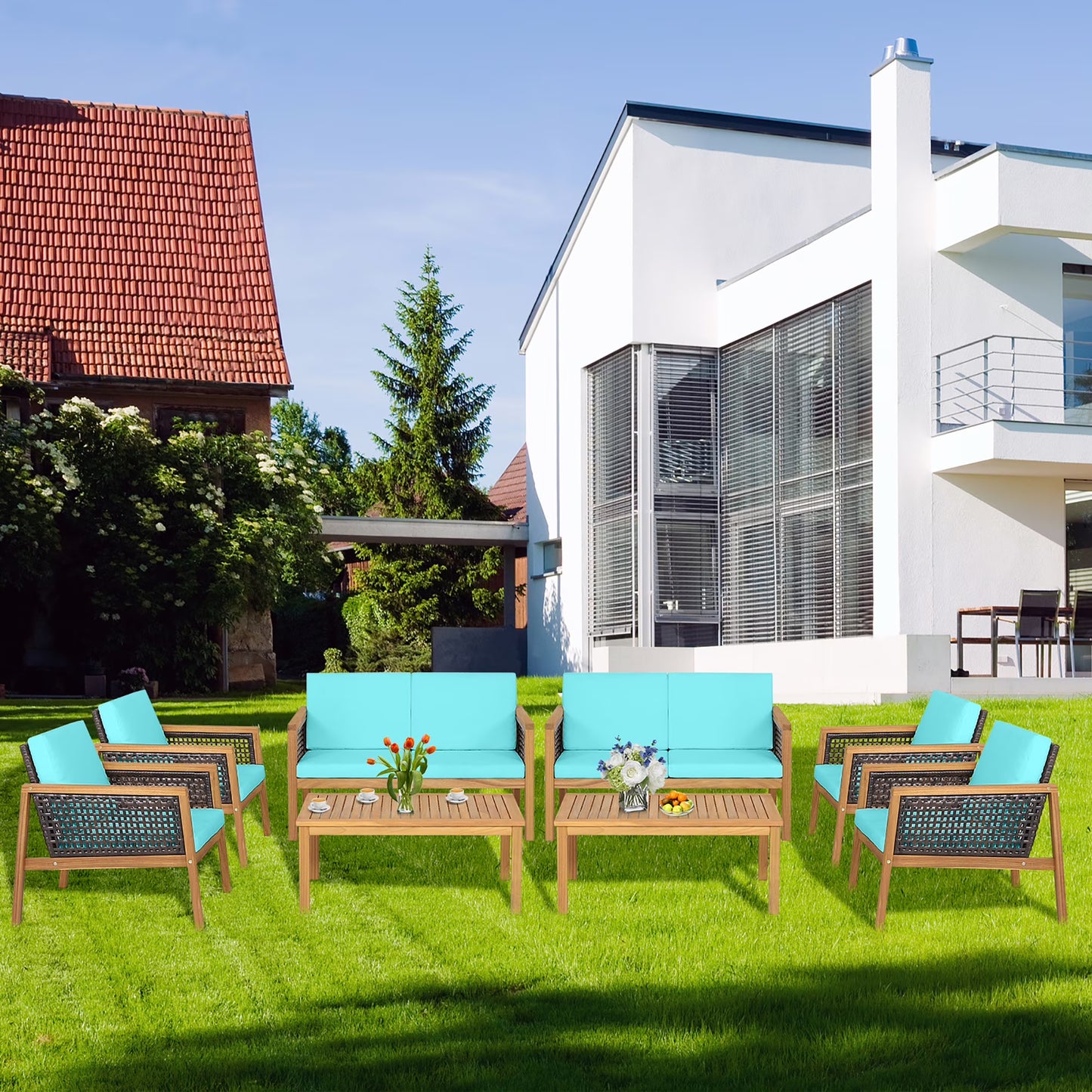 Costway 8PCS Patio Rattan Furniture Set Acacia Wood Cushioned Sofa Off White