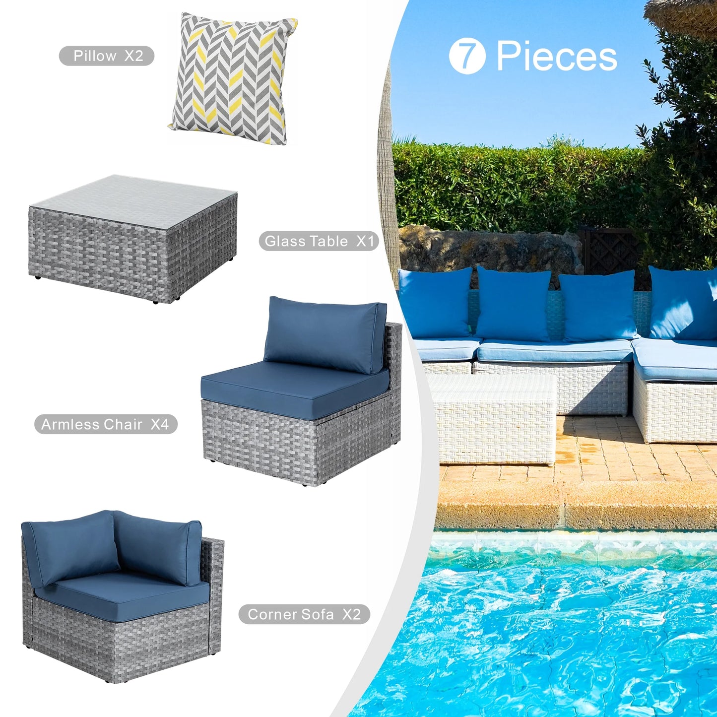 Walsunny 7 Piece Outdoor Patio Conversation Set, Rattan Sectional Sofa Set, All-Weather Outdoor Modern Sectional Furniture Wicker Couch with Glass Coffee Table,Navy Blue