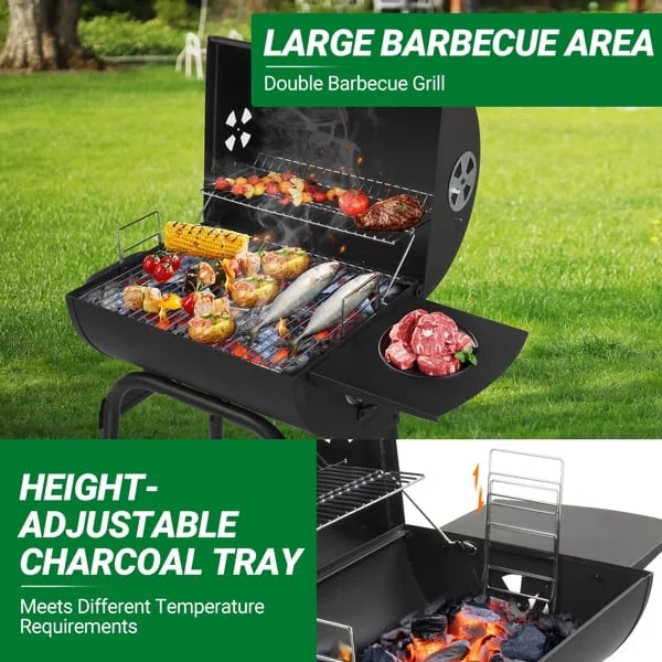 34" Barrel Charcoal Grill with Side Table & Wheels - High-Temp Powder Coated Outdoor BBQ for Backyard, Camping, Patio & Party Cooking