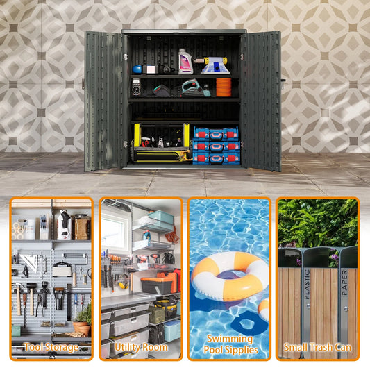 ZYJOYY 15 Cu.Ft Resin Outdoor Storage Shed with Floor & 2 Shelves, Lockable Waterproof Backyard Horizontal Cabinet for Patio, Garden Tools & Equipment,Sage Grey