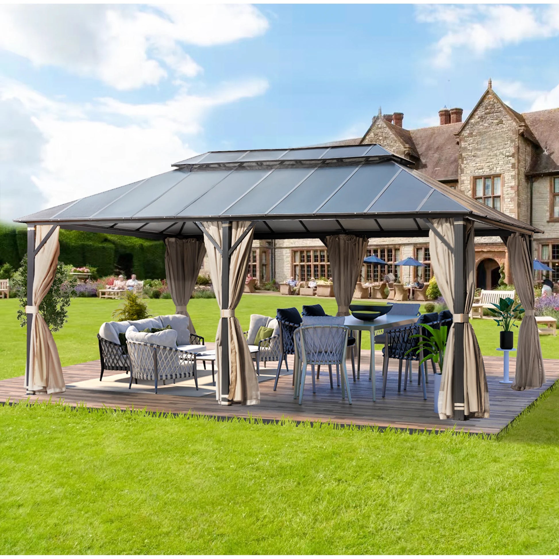 EROMMY 12x20FT Hardtop Gazebo, Permanent Outdoor Aluminum Patio Gazebo with Double Roof, Curtains and Netting Included