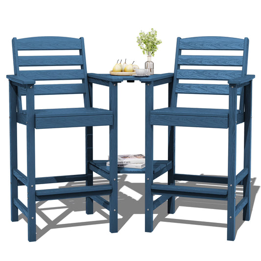 JUSTLET Tall Adirondack Chair Set of 2 with Double Connecting Tray, HDPE Outdoor Weather Resistant Patio Bar Stools for Patio, Balcony, Porch, Navy Blue