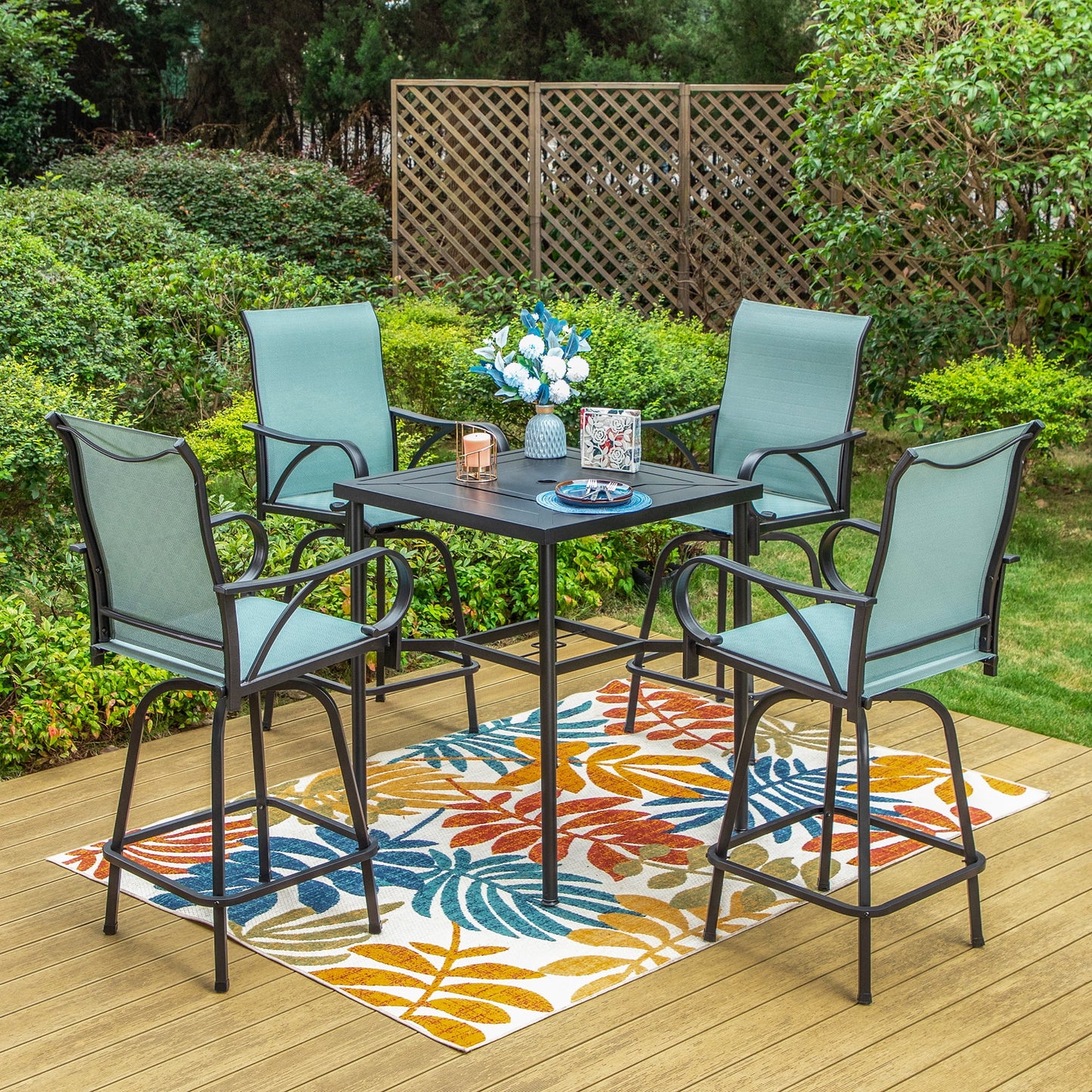 Summit Living Outdoor Bar Table, 38.25"H Metal Patio Square Bistro Table with Umbrella Hole,Black