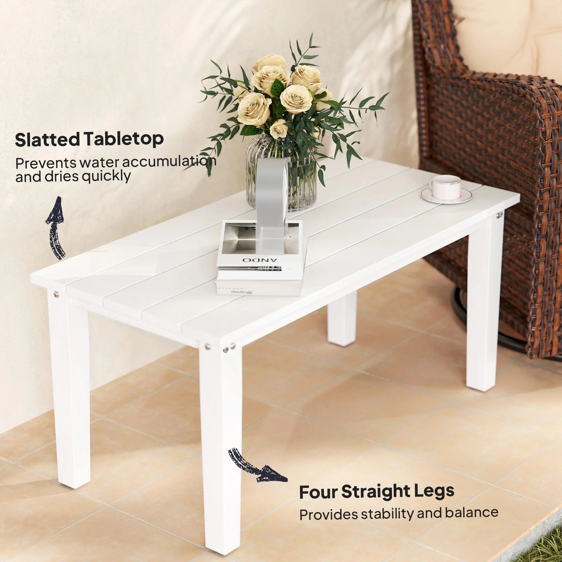 ZIRAV HDPE Outdoor Coffee Table, All-Weather Rectangle Patio Coffee Table, Plastic Outdoor Patio Table with Slatted Tabletop for Garden, Balcony, Backyard,White