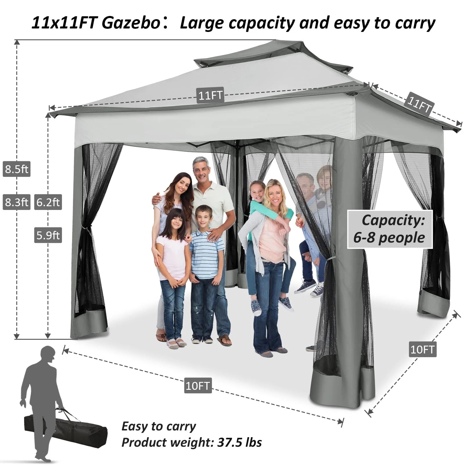 SANOPY 11 x 11 ft Outdoor Patio Gazebo with Ventilated Double Roof and Mosquito Net, Pop up Steel Gazebo Tent for Patios, Backyard, Garden and Beach