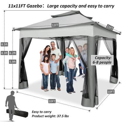 SANOPY 11 x 11 ft Outdoor Patio Gazebo with Ventilated Double Roof and Mosquito Net, Pop up Steel Gazebo Tent for Patios, Backyard, Garden and Beach