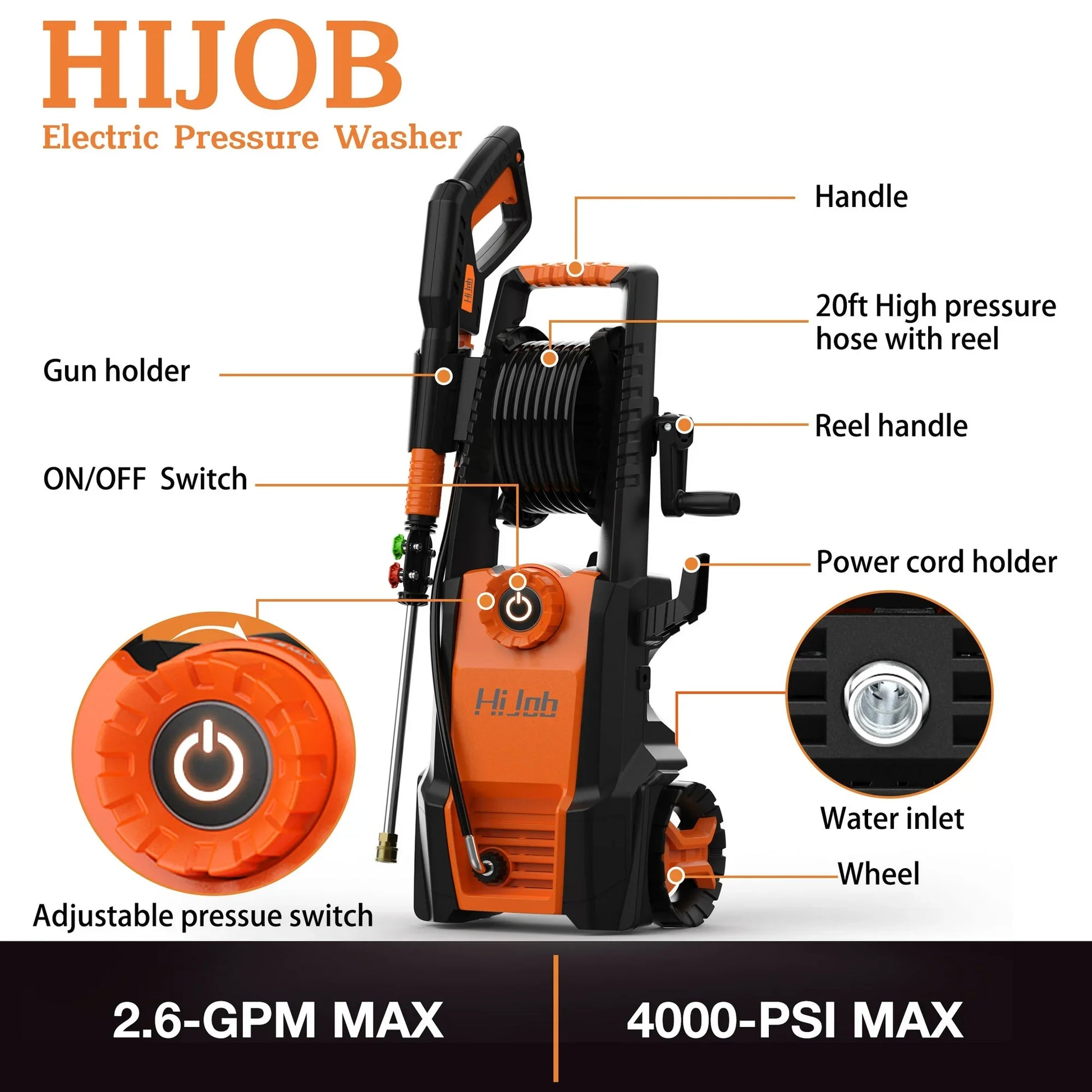 HIJOB Electric 4000 PSI High Power Water Washers Machine w/20 ft Hose, 4 Nozzles, Max. 2.6 GPM for Patios/Cars/Fences/Driveways