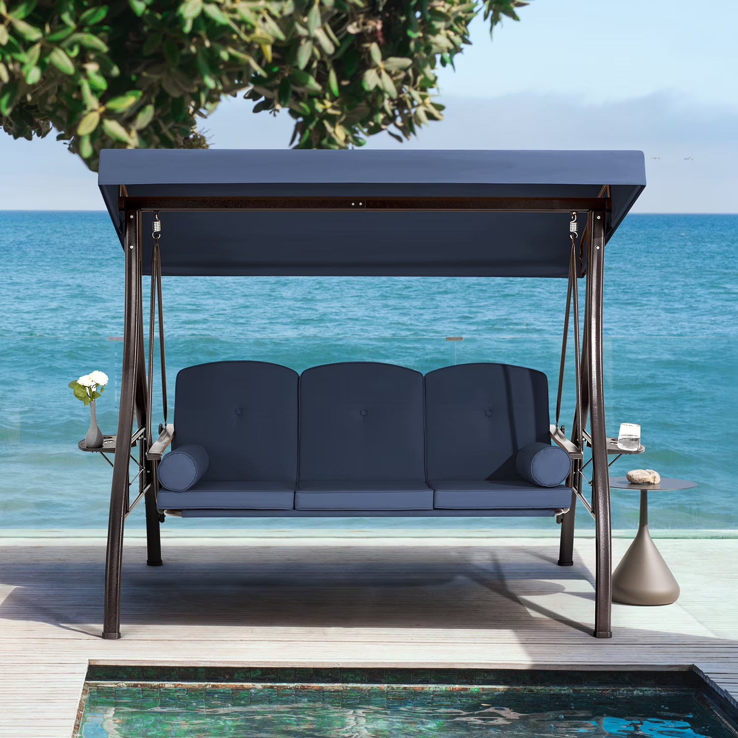 Homrest 3 Person Patio Outdoor Porch Swing with Adjustable Canopy, Backrest, Swing Bed with Stand for Garden,Deck