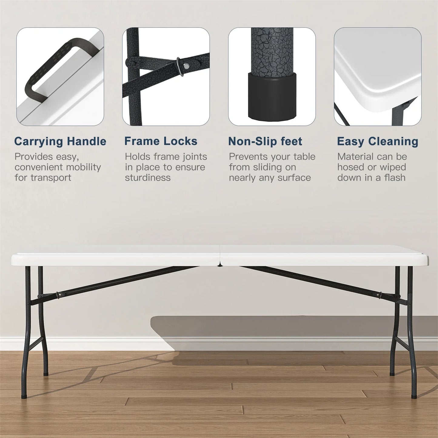 Hommoo 6ft Plastic FoldingTable,Portable Collapsible Table Outdoor Foldable Picnic Table for, Party, Hiking, Patio,Banquet, Wedding,Camping,with Lock,Handle, White