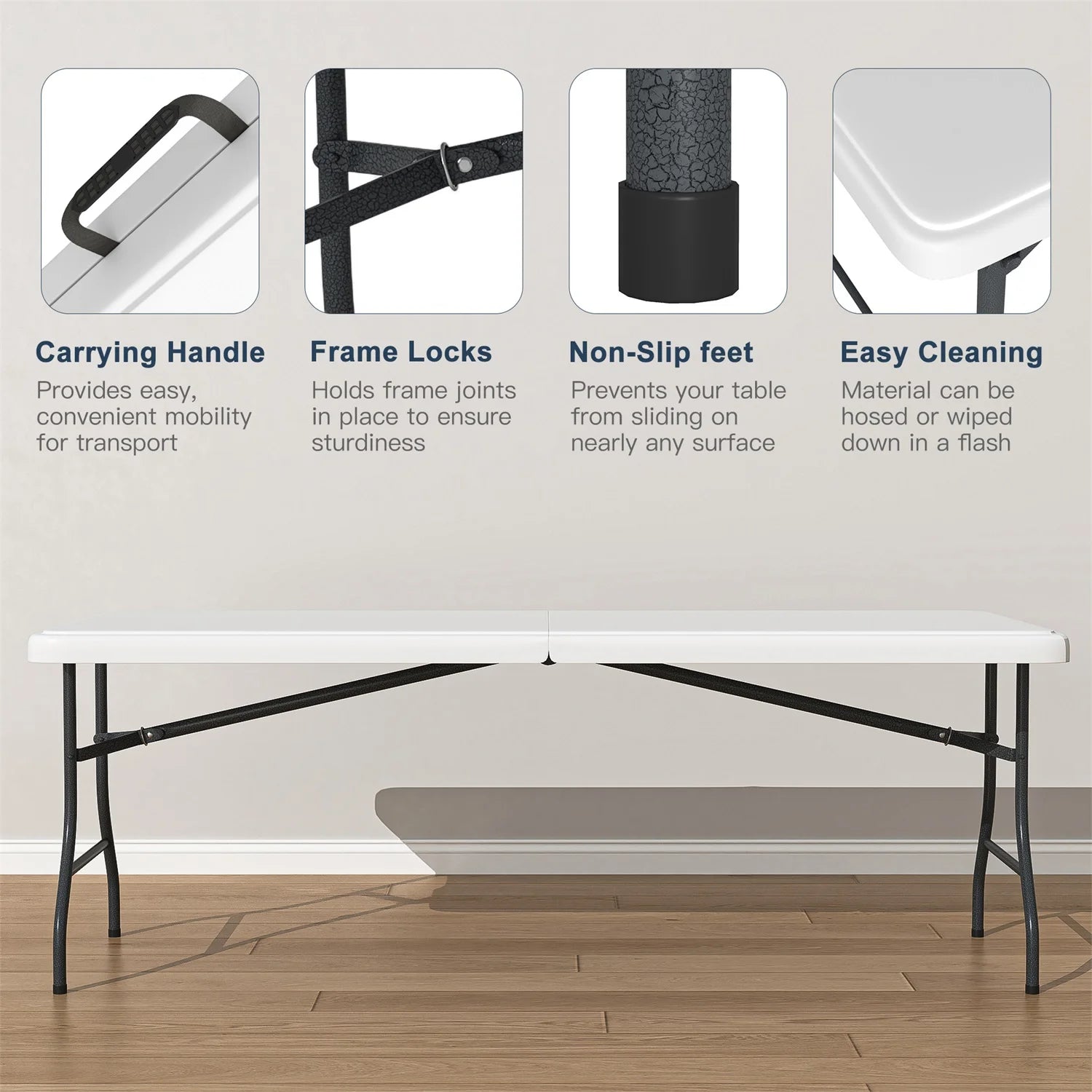 Hommoo 6ft Plastic FoldingTable,Portable Collapsible Table Outdoor Foldable Picnic Table for, Party, Hiking, Patio,Banquet, Wedding,Camping,with Lock,Handle, White