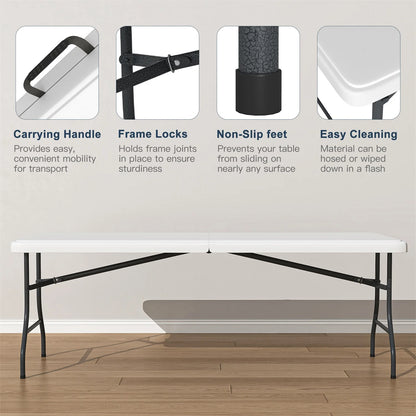 Hommoo 6ft Plastic FoldingTable,Portable Collapsible Table Outdoor Foldable Picnic Table for, Party, Hiking, Patio,Banquet, Wedding,Camping,with Lock,Handle, White