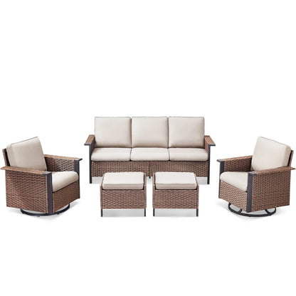 Opohoro 5-Piece Outdoor Conversation Set with Wide Armrest Patio Sofa, Ottomans and Swivel Rocking Chairs for Porch Garden