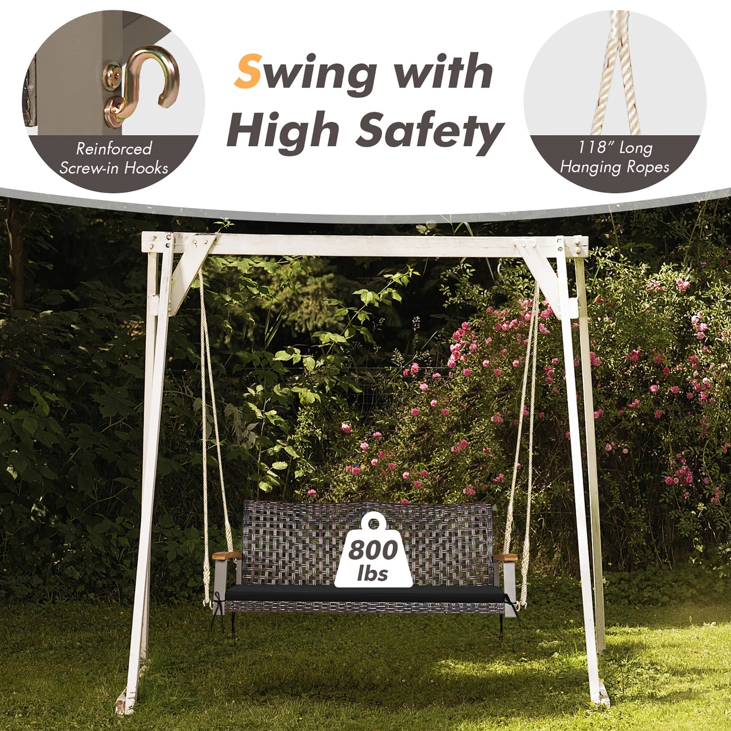 Costway 2-Person Patio Rattan Hanging Swing Chair Porch Loveseat Cushion Black