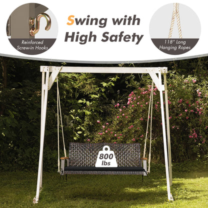 Costway 2-Person Patio Rattan Hanging Swing Chair Porch Loveseat Cushion Black