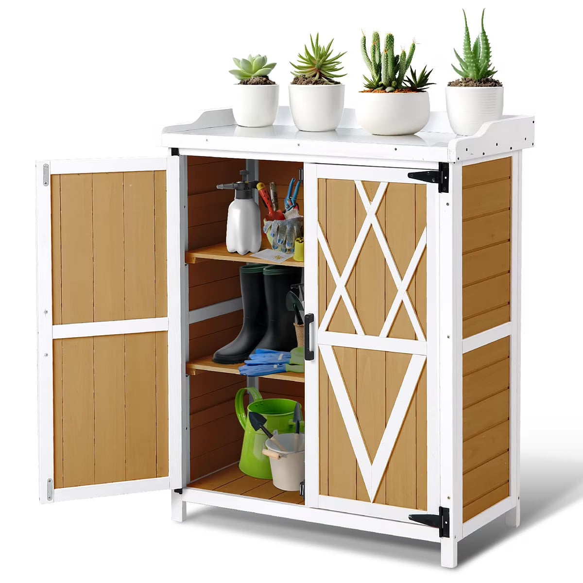 Danolapsi Potting Bench Outdoor Cabinet,Planting Work Benches with Adjustable Shelf Storage Cabinets with Metal Tabletop Double Doors Garden Work Bench for Backyard Patio Lawn
