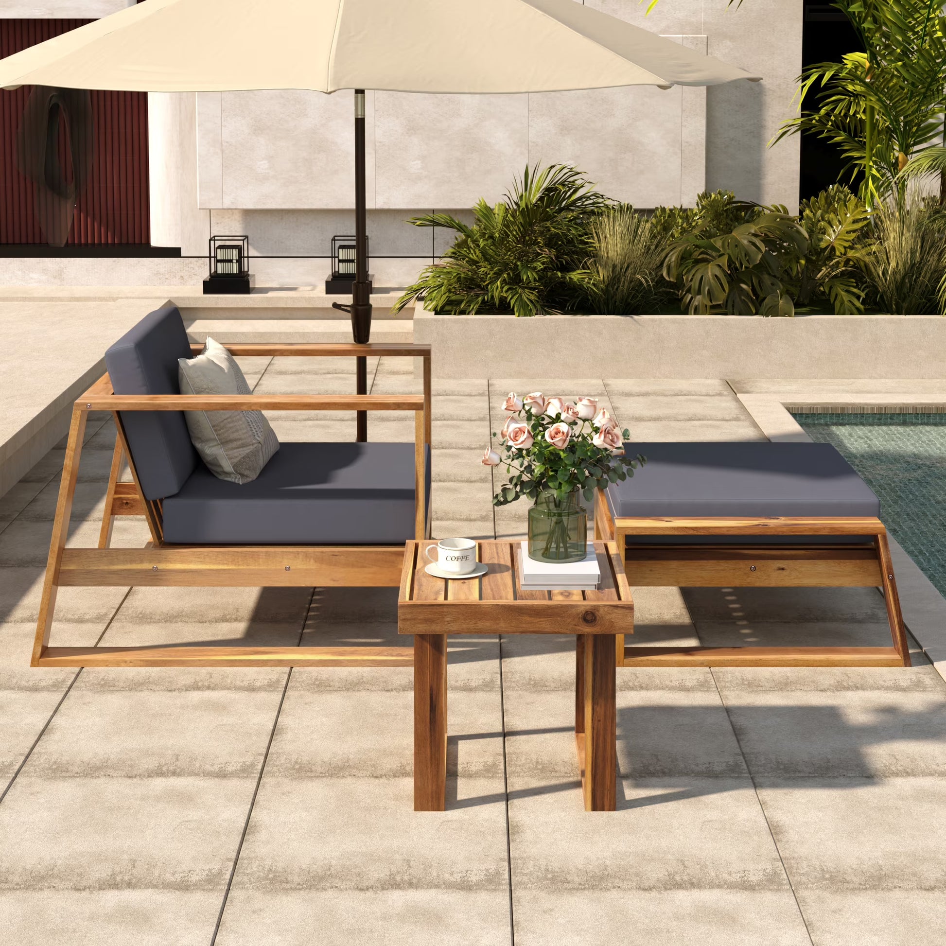 Harper & Bright Designs Wood Outdoor Lounge Chair & Ottoman Set, Modern Patio Seating Chaise with Solid Wood Frame & Water-Resistant for Backyard Poolside Garden, Natural+Beige