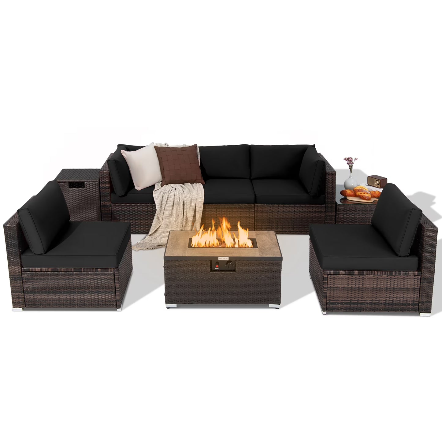 Costway 8PCS Patio Rattan Furniture Set Fire Pit Table Tank Holder Cover Deck Black