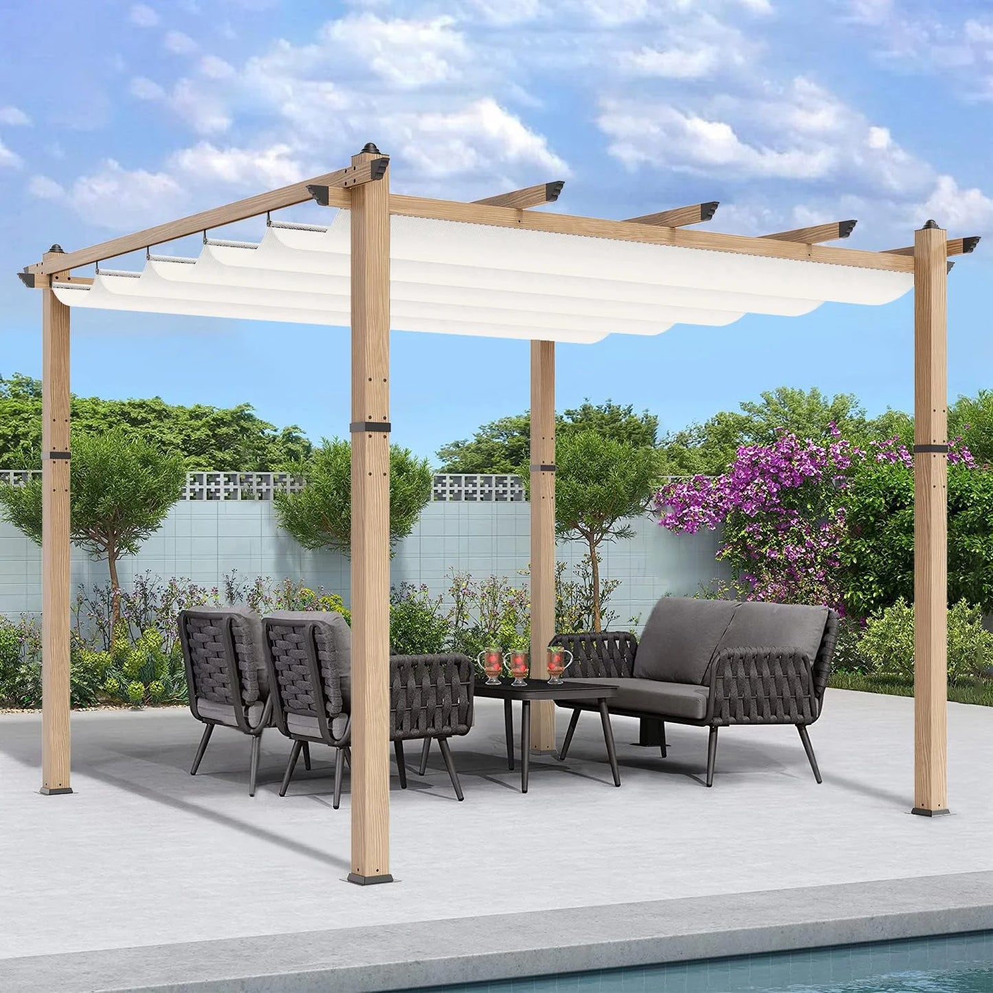 Outdoor Retractable Pergola with Sun Shade Canopy, 10' X 10'/10' X 13' Patio Metal Shelter for Garden Porch Beach Pavilion Grill Gazebo, Modern Yard Grape Trellis Pergola