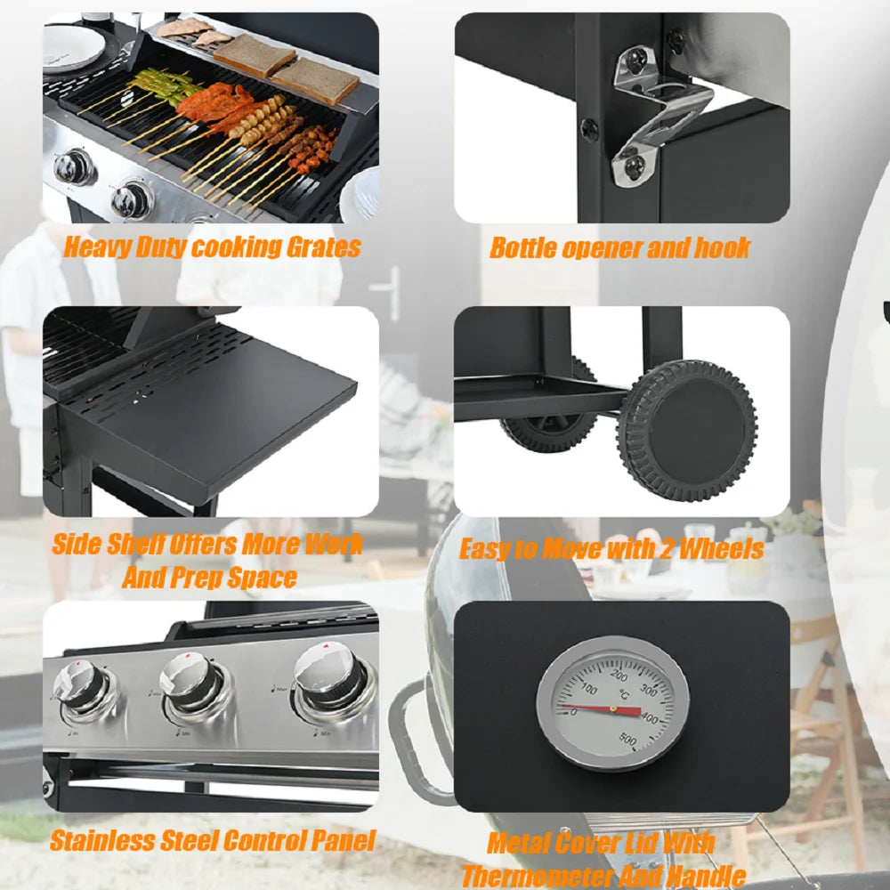 MEWANG 3-Burner Propane Gas Grill, 26000 BTU Stainless BBQ for Patio Garden | Outdoor Grill with Foldable Shelves