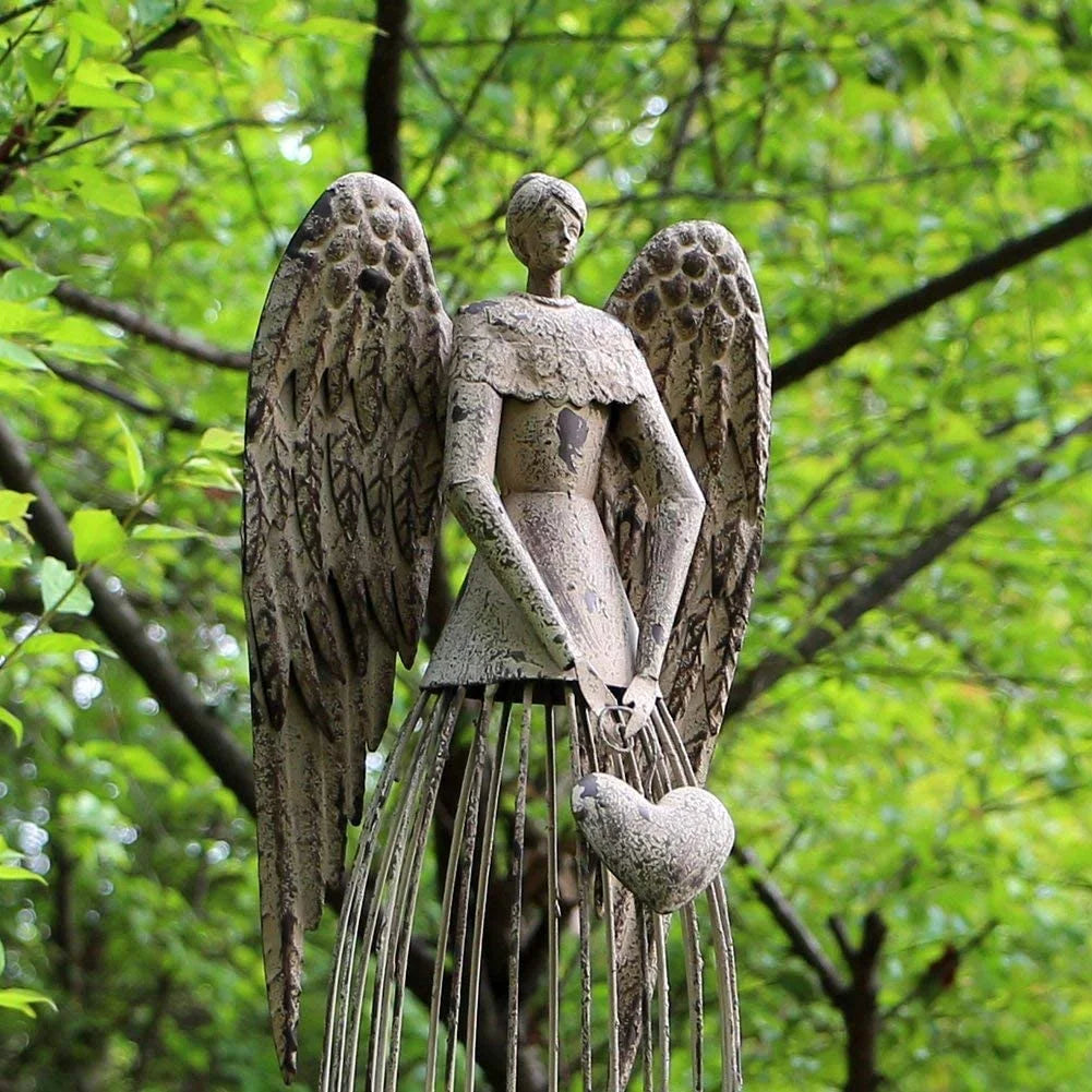 Antiqued Metal Garden Angel Statue with Heart, Indoor Outdoor Angel Yard Art Decor Lawn Patio Decorations Holiday Decor Garden Gift Idea, 32° F (Heart)